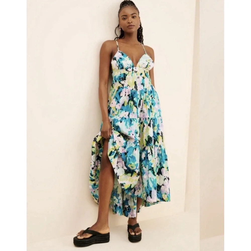 NWT Free People Long Love Triangle Printed Embroidered Midi Dress L